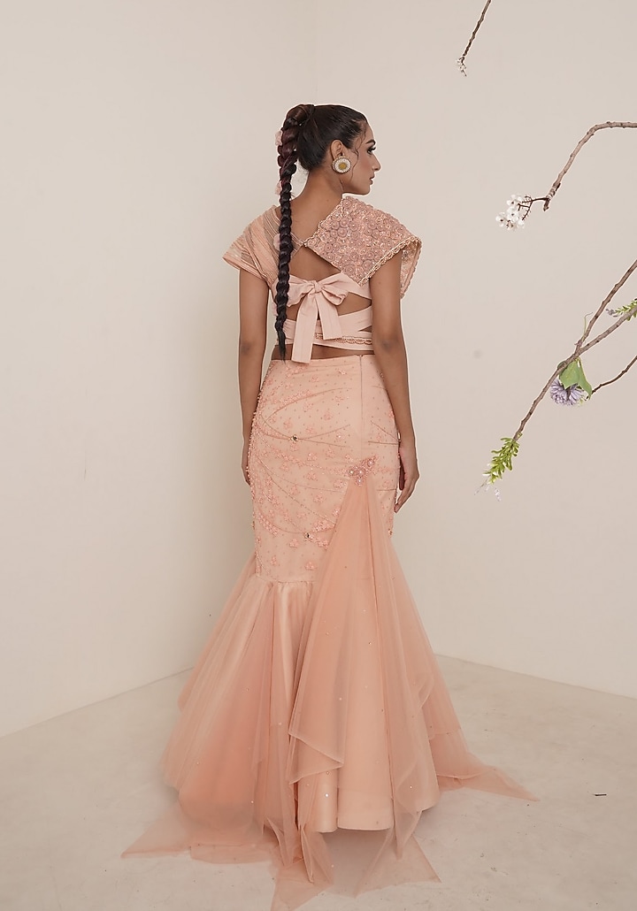 Peach Embroidered Lehenga Set For Girls by Potloo by Merge at Pernia's Pop Up Shop