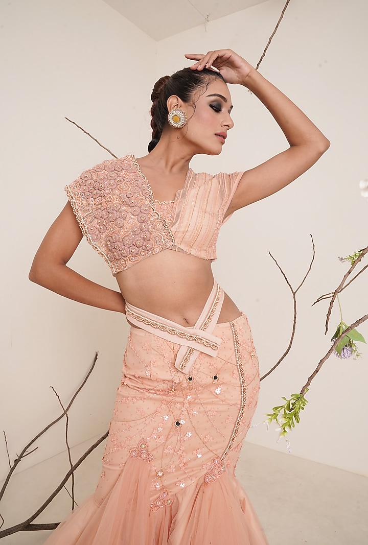 Peach Embroidered Lehenga Set For Girls by Potloo by Merge at Pernia's Pop Up Shop