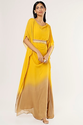 Mustard & Brown Embroidered Kaftan Set For Girls by Potloo by Merge