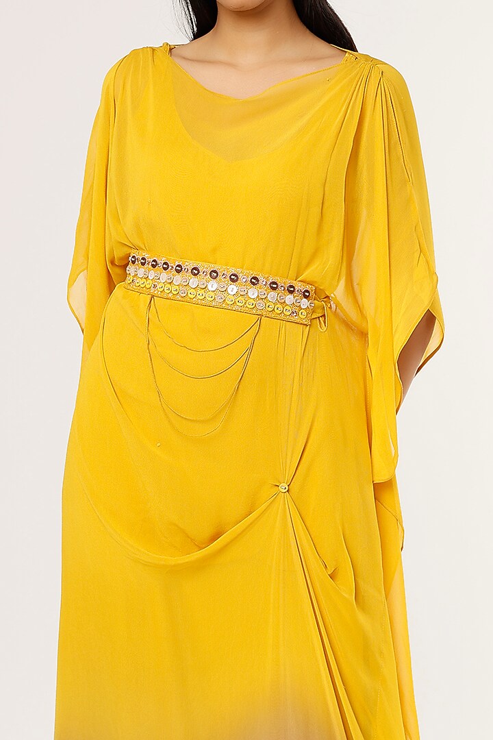 Mustard & Brown Embroidered Kaftan Set For Girls by Potloo by Merge at Pernia's Pop Up Shop