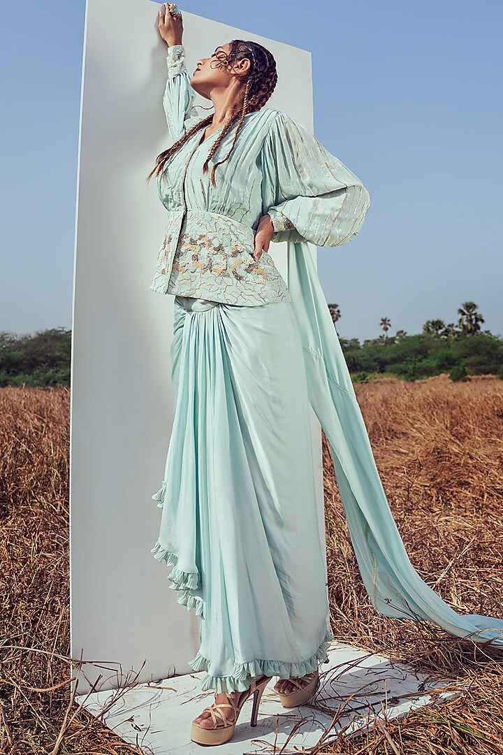 Aqua Modal Satin Skirt Set For Girls by Potloo by Merge at Pernia's Pop Up Shop