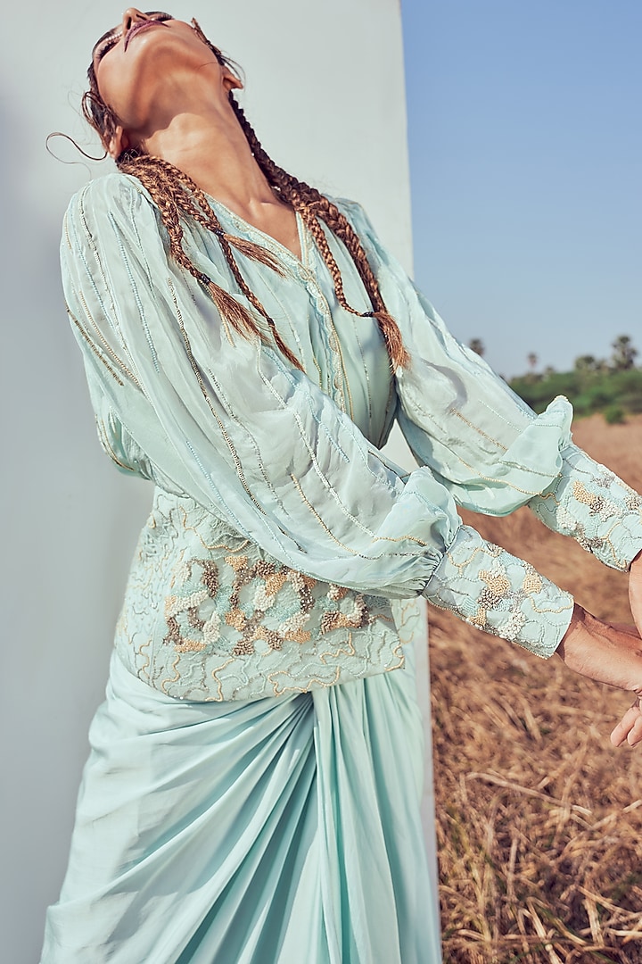 Aqua Modal Satin Skirt Set For Girls by Potloo by Merge at Pernia's Pop Up Shop
