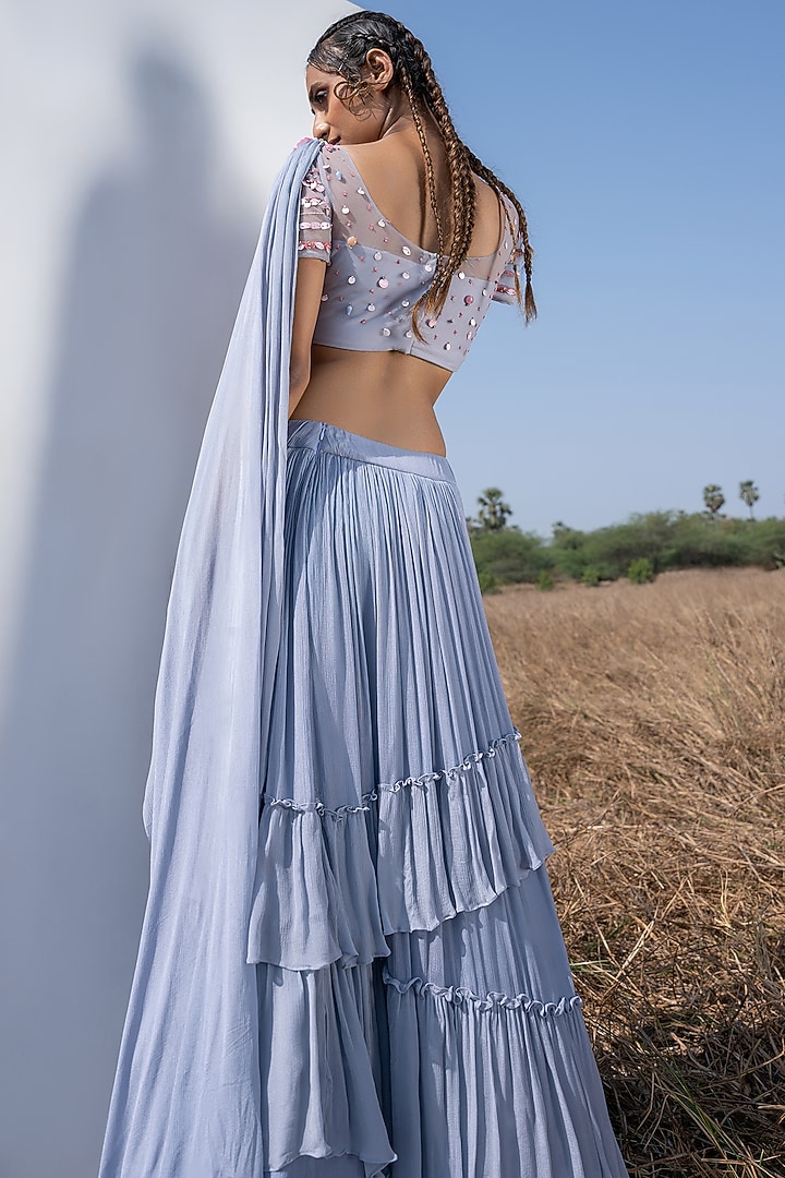 Ice Blue Chiffon Lehenga Set For Girls by Potloo by Merge at Pernia's Pop Up Shop