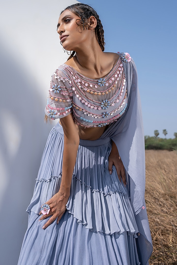 Ice Blue Chiffon Lehenga Set For Girls by Potloo by Merge at Pernia's Pop Up Shop