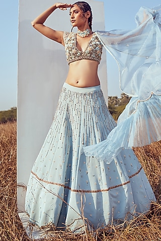 Aqua Embroidered Lehenga Set For Girls by Potloo by Merge