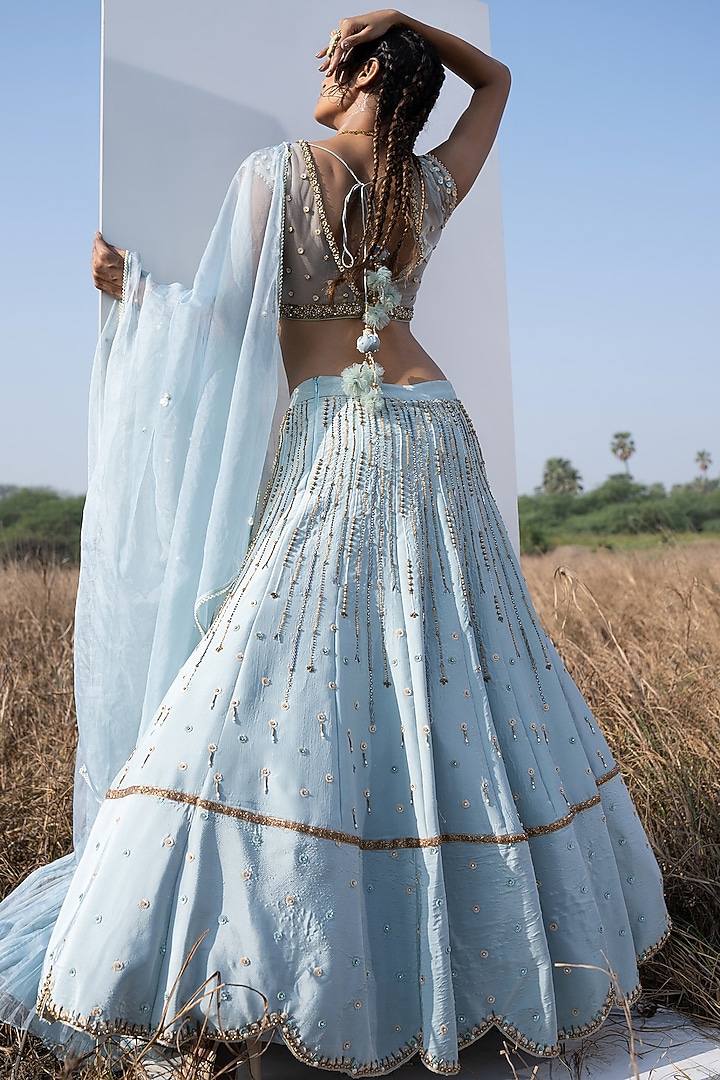 Aqua Embroidered Lehenga Set For Girls by Potloo by Merge at Pernia's Pop Up Shop