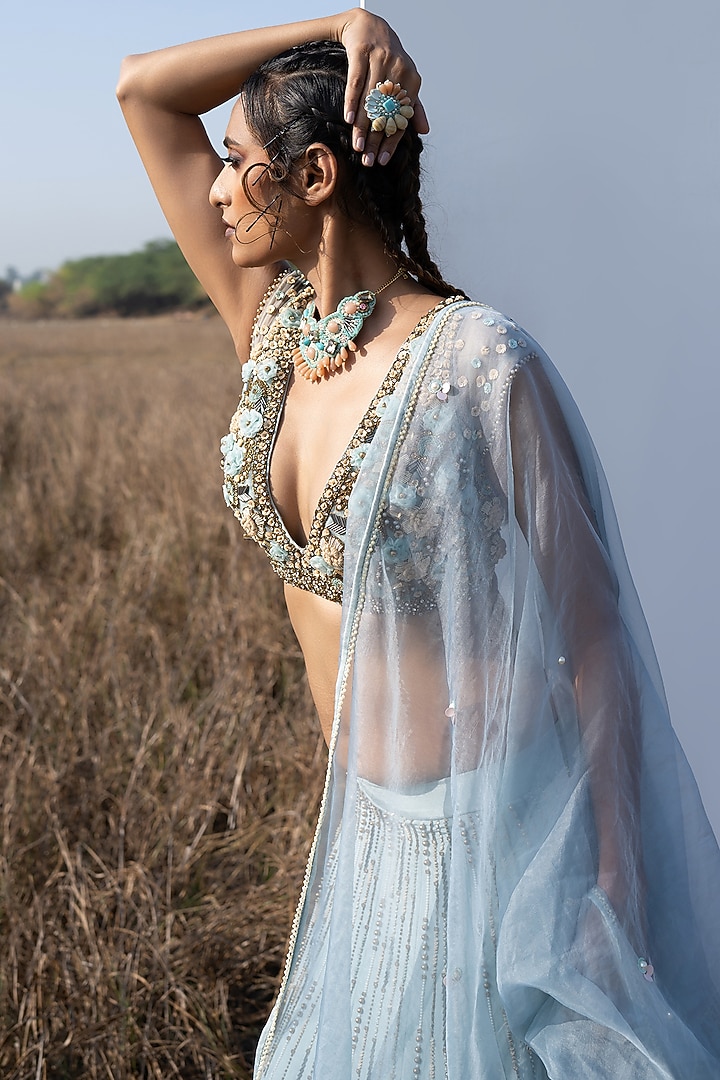 Aqua Embroidered Lehenga Set For Girls by Potloo by Merge at Pernia's Pop Up Shop
