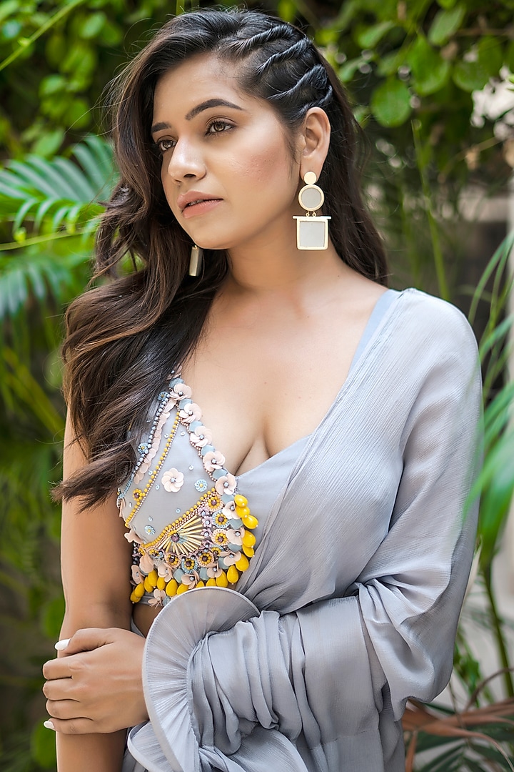 Blue Modal Satin Pre-Draped Saree Set For Girls by Potloo by Merge at Pernia's Pop Up Shop