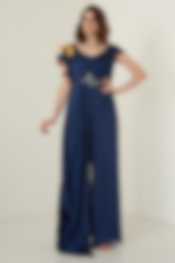 Navy Blue Modal Satin Jumpsuit For Girls by Potloo by Merge