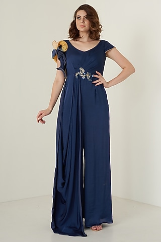 Navy Blue Modal Satin Jumpsuit For Girls by Potloo by Merge