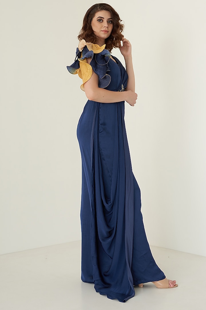 Navy Blue Modal Satin Jumpsuit For Girls by Potloo by Merge at Pernia's Pop Up Shop