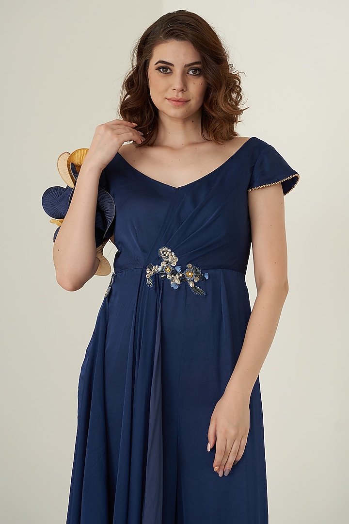 Navy Blue Modal Satin Jumpsuit For Girls by Potloo by Merge at Pernia's Pop Up Shop