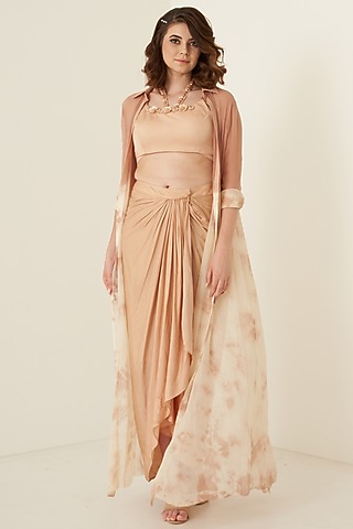 Peach Modal Satin Dhoti Skirt Set For Girls by Potloo by Merge