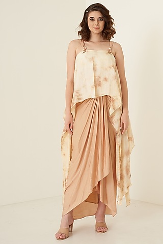 Peach Modal Satin Skirt Set For Girls by Potloo by Merge