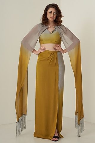 Mustard & Yellow Modal Satin Skirt Set For Girls by Potloo by Merge