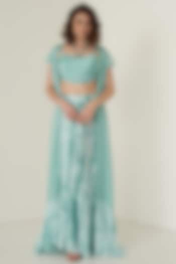 Aqua Blue Pure Satin Skirt Set For Girls by Potloo by Merge