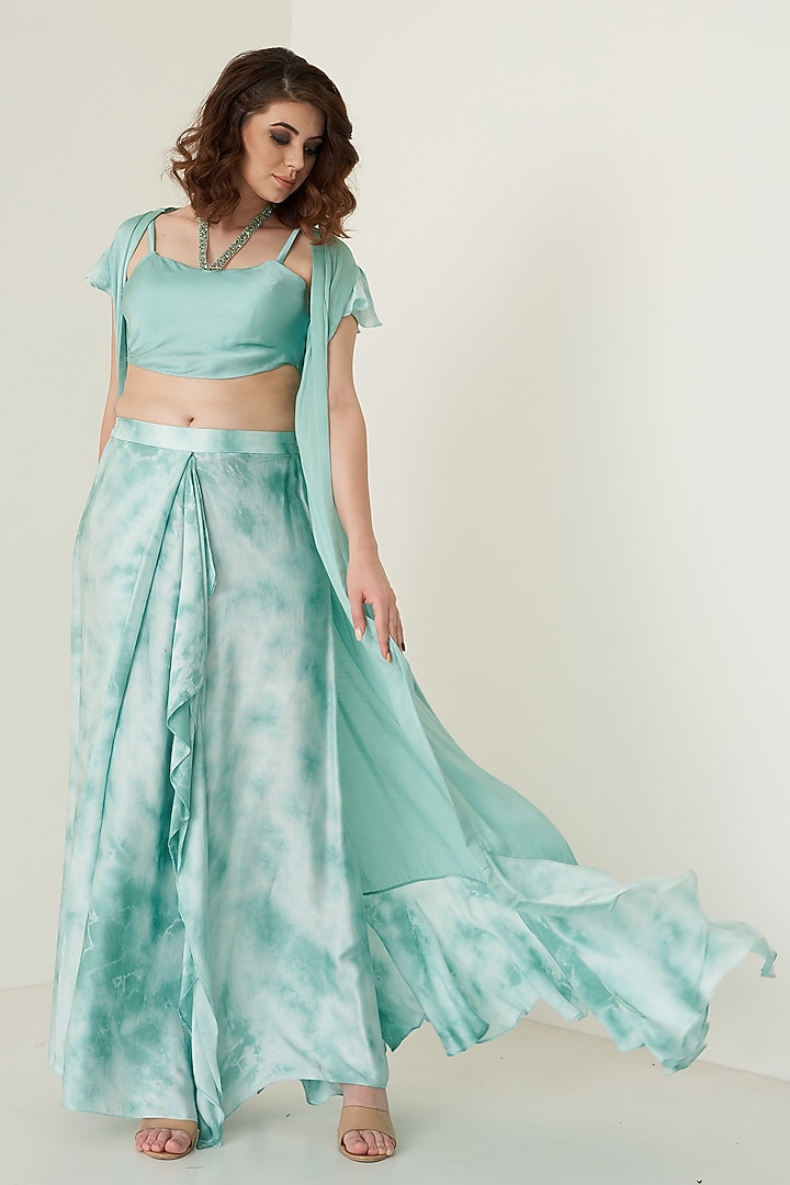 Aqua Blue Pure Satin Skirt Set For Girls by Potloo by Merge at Pernia's Pop Up Shop