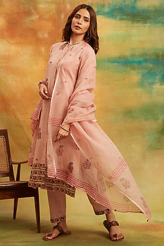 Beige Chanderi Silk Handblock Printed Kurta Set by PTRAANI