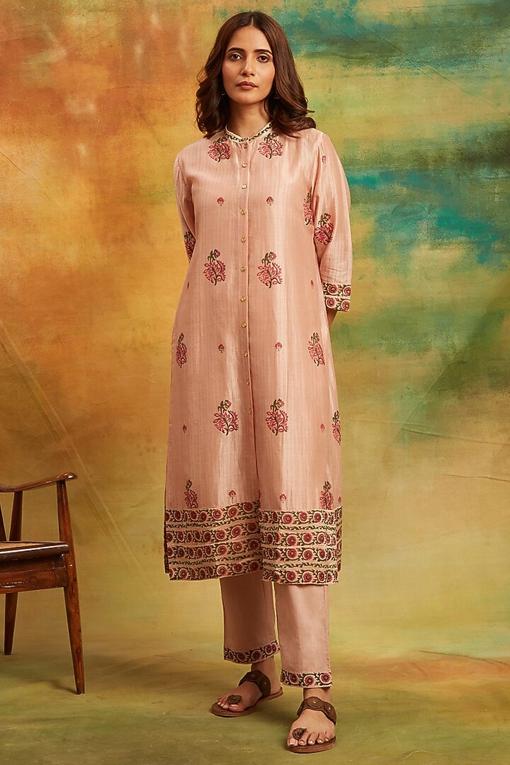 Beige Chanderi Silk Handblock Printed Kurta Set by PTRAANI at Pernia's Pop Up Shop