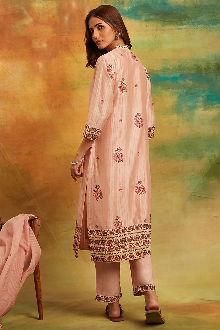 Beige Chanderi Silk Handblock Printed Kurta Set by PTRAANI at Pernia's Pop Up Shop