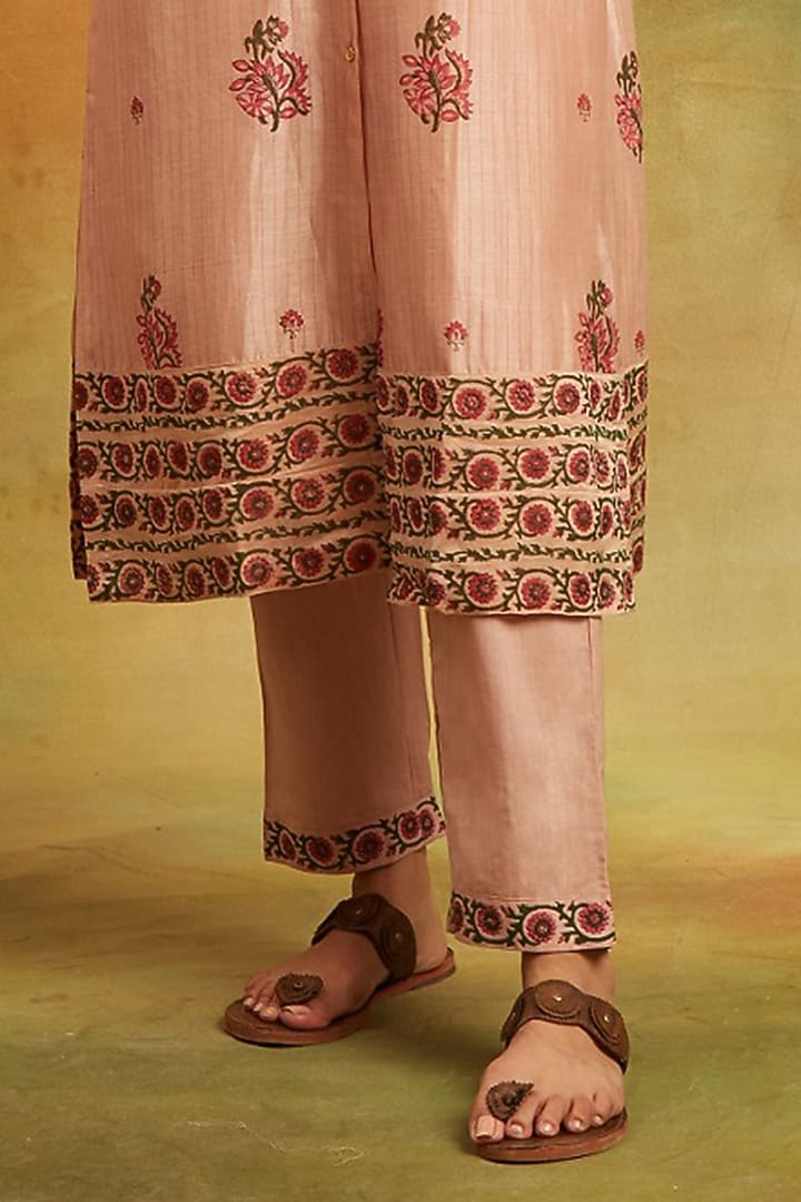 Beige Chanderi Silk Handblock Printed Kurta Set by PTRAANI at Pernia's Pop Up Shop
