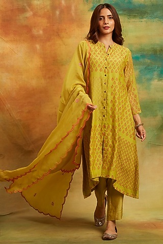 Green Chanderi Silk Handblock Printed Kurta Set by PTRAANI