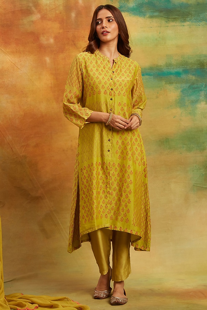 Green Chanderi Silk Handblock Printed Kurta Set by PTRAANI at Pernia's Pop Up Shop