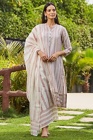 Purple Chanderi Silk Handblock Printed Kurta Set by PTRAANI