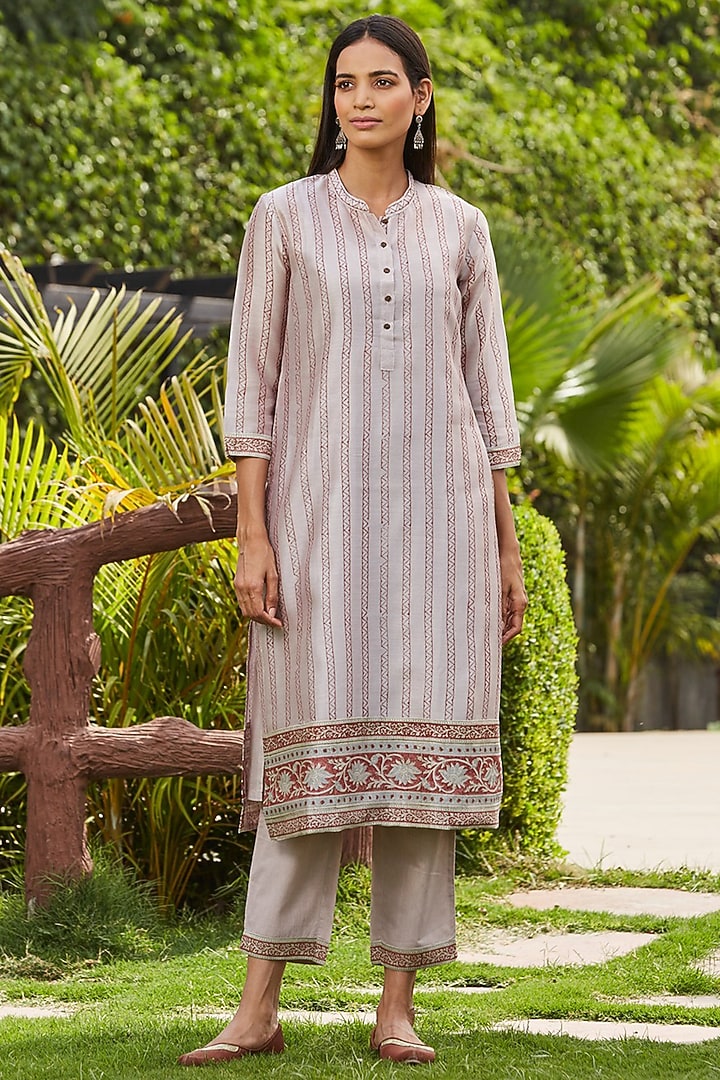 Purple Chanderi Silk Handblock Printed Kurta Set by PTRAANI at Pernia's Pop Up Shop