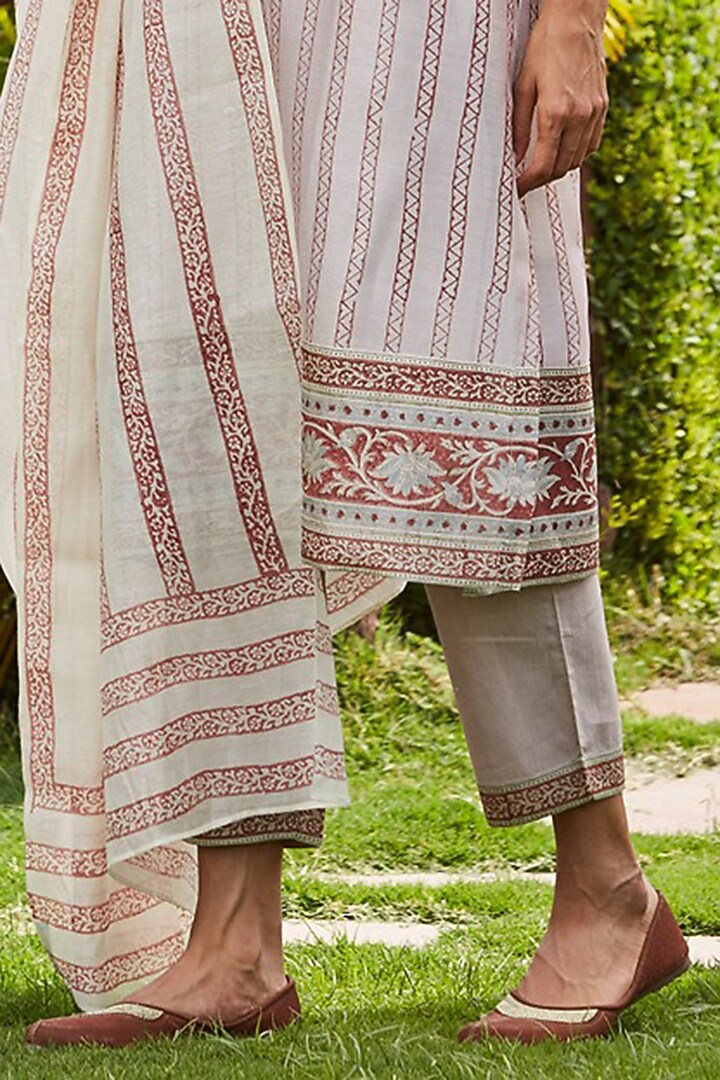 Purple Chanderi Silk Handblock Printed Kurta Set by PTRAANI at Pernia's Pop Up Shop