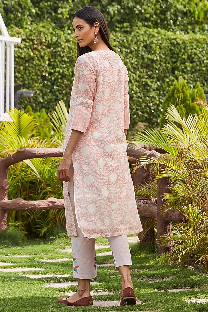 Pink Chanderi Silk Handblock Printed Kurta Set by PTRAANI at Pernia's Pop Up Shop