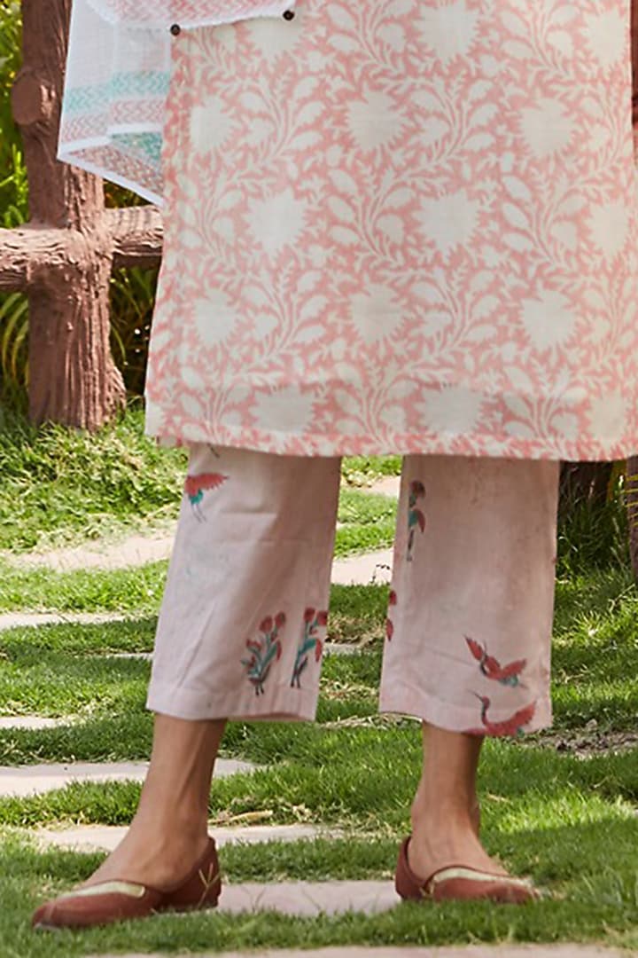 Pink Chanderi Silk Handblock Printed Kurta Set by PTRAANI at Pernia's Pop Up Shop