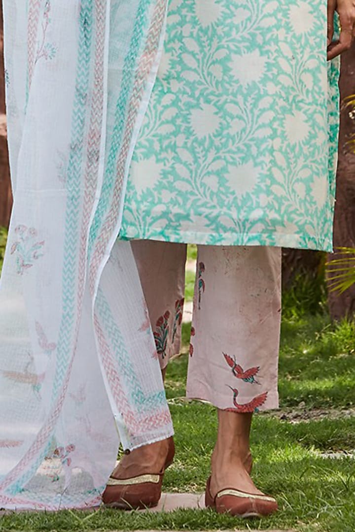 Green Chanderi Silk Handblock Printed Kurta Set by PTRAANI at Pernia's Pop Up Shop