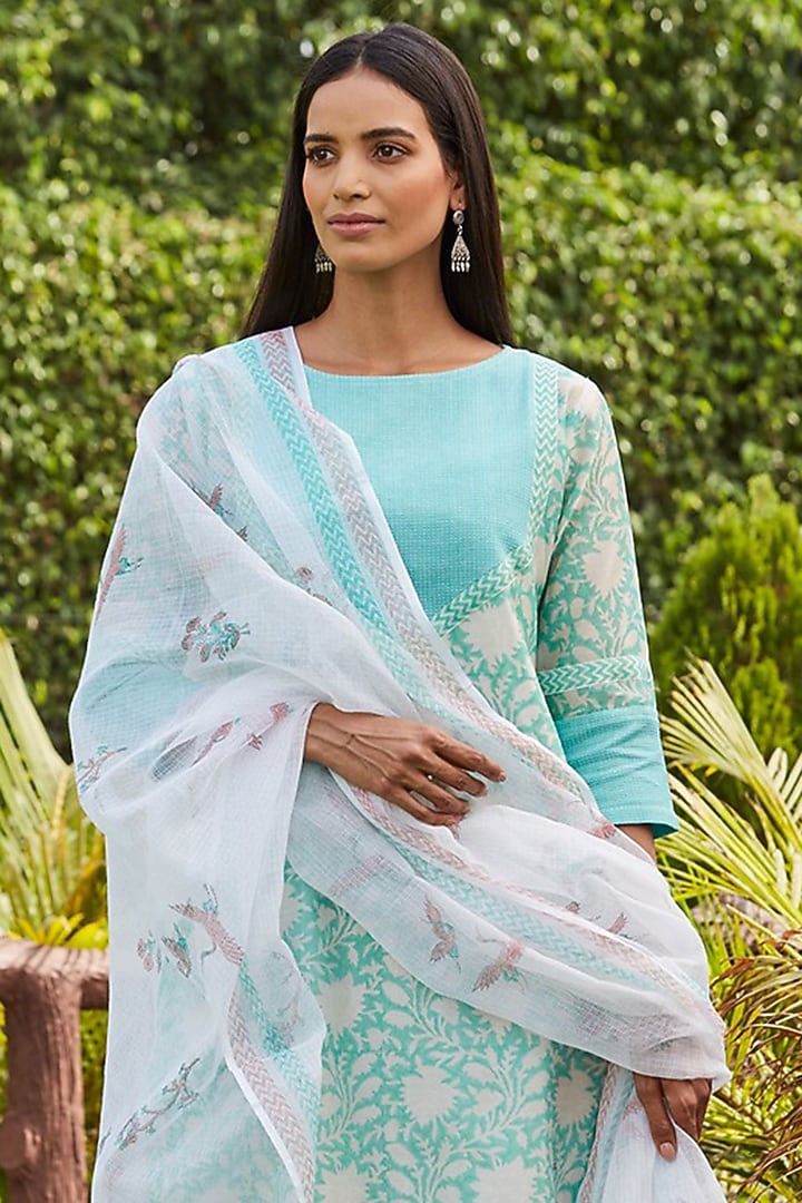 Green Chanderi Silk Handblock Printed Kurta Set by PTRAANI at Pernia's Pop Up Shop