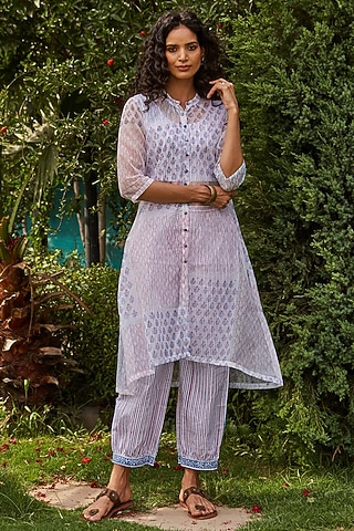 White Kota Hand Block Printed Kurta Set by PTRAANI