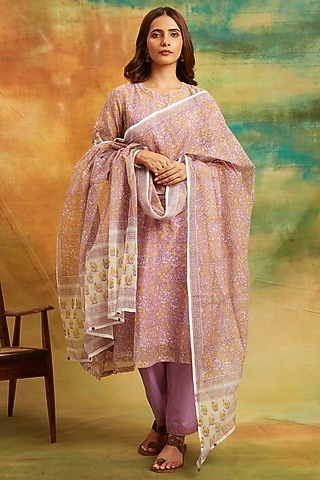 Purple Cotton Chanderi Hand Block Printed Kurta Set by PTRAANI