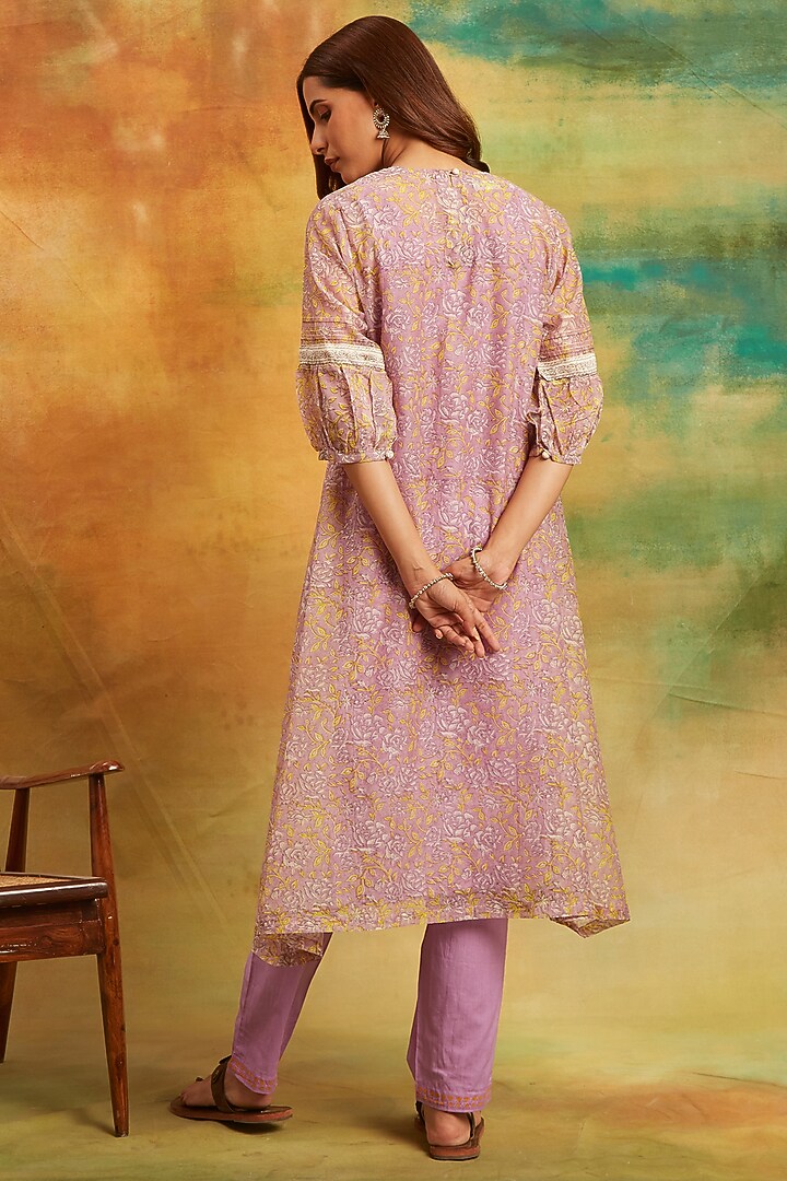 Purple Cotton Chanderi Hand Block Printed Kurta Set by PTRAANI at Pernia's Pop Up Shop