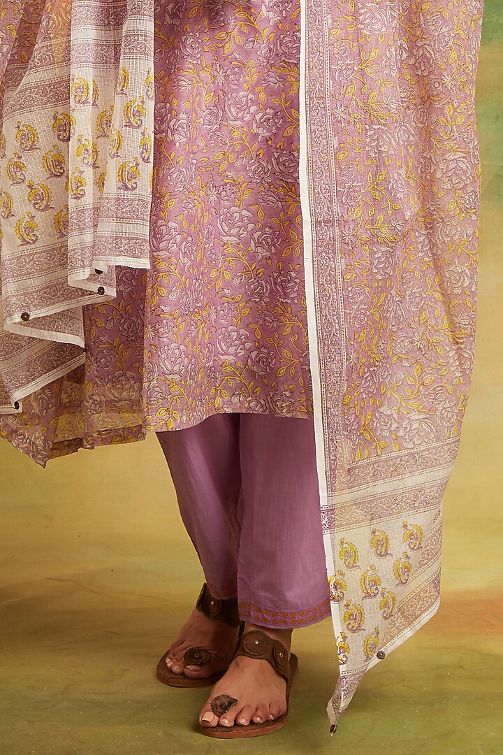 Purple Cotton Chanderi Hand Block Printed Kurta Set by PTRAANI at Pernia's Pop Up Shop