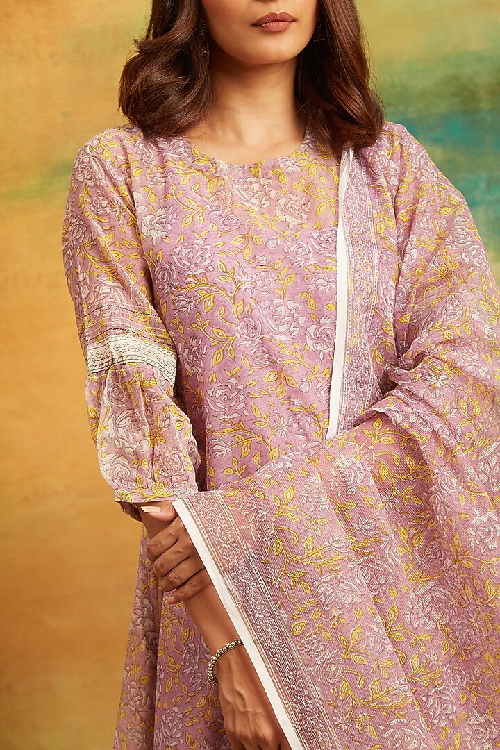 Purple Cotton Chanderi Hand Block Printed Kurta Set by PTRAANI at Pernia's Pop Up Shop