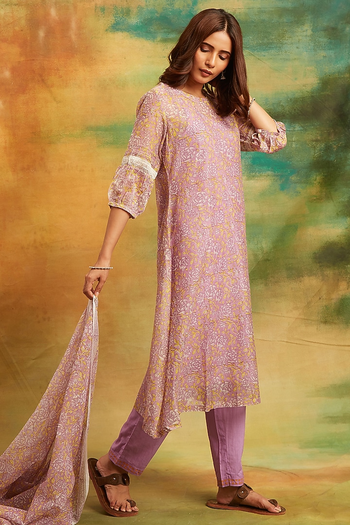 Purple Cotton Chanderi Hand Block Printed Kurta Set by PTRAANI at Pernia's Pop Up Shop