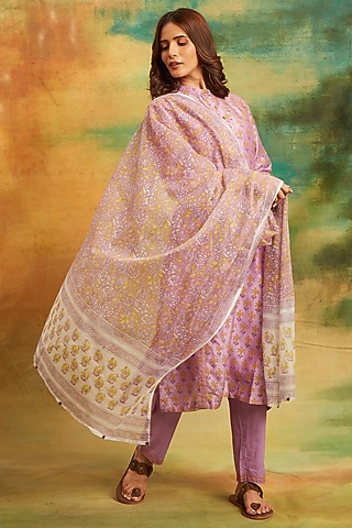 Purple Cotton Chanderi Hand Block Printed Kurta Set by PTRAANI
