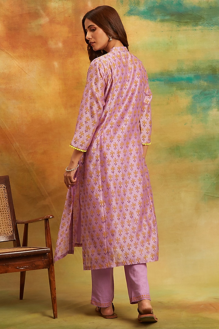 Purple Cotton Chanderi Hand Block Printed Kurta Set by PTRAANI at Pernia's Pop Up Shop