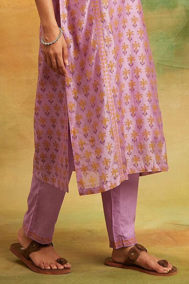 Purple Cotton Chanderi Hand Block Printed Kurta Set by PTRAANI at Pernia's Pop Up Shop