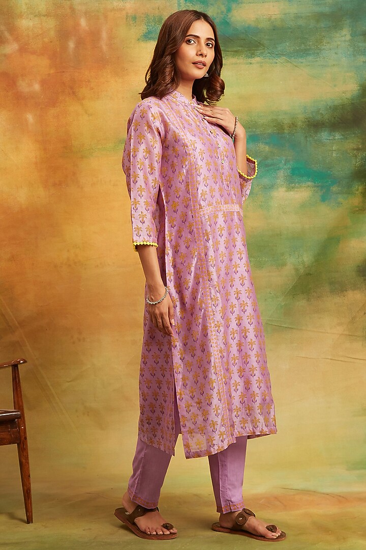 Purple Cotton Chanderi Hand Block Printed Kurta Set by PTRAANI at Pernia's Pop Up Shop