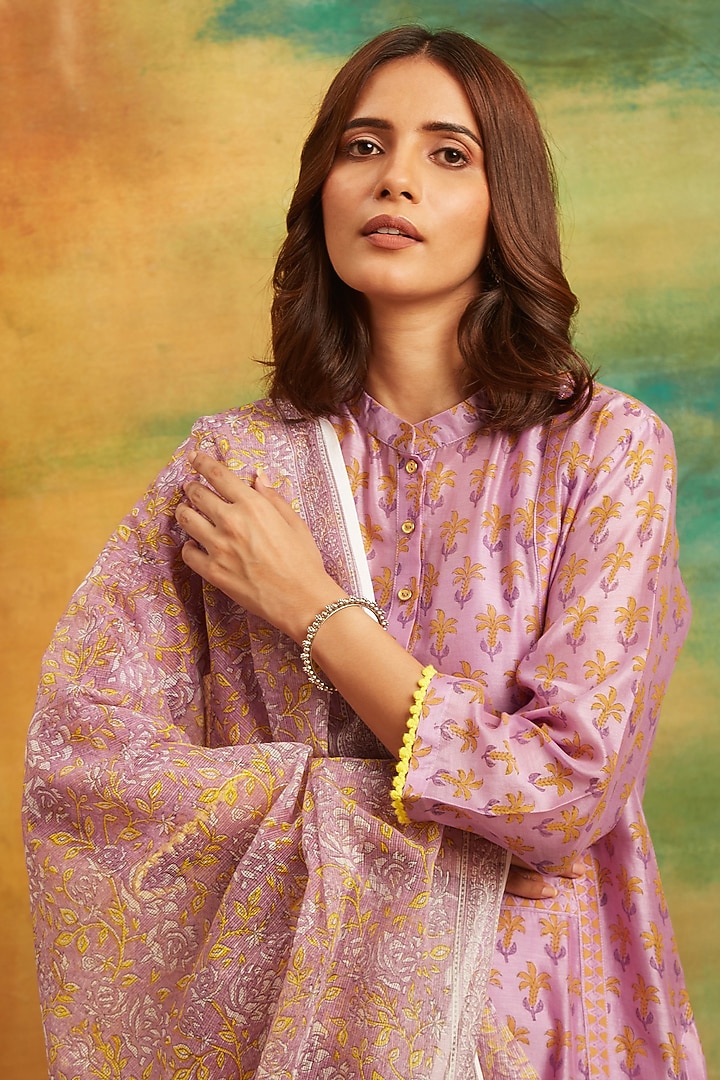 Purple Cotton Chanderi Hand Block Printed Kurta Set by PTRAANI at Pernia's Pop Up Shop