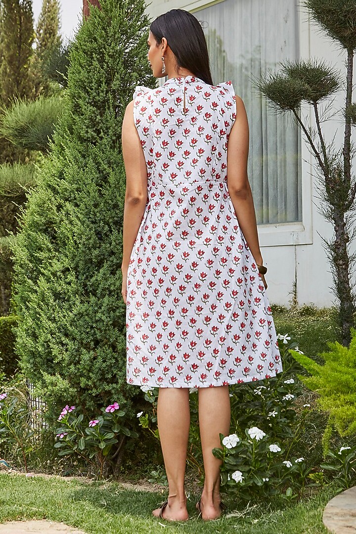 White Fine Cotton Hand Block Printed Summer Dress by PTRAANI at Pernia's Pop Up Shop
