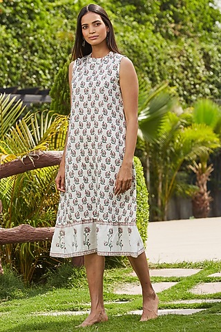 Off-White Linen Hand Block Printed Dress by PTRAANI