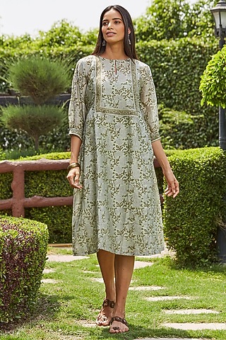 Olive Green Mercerised Chanderi Hand Block Printed Dress by PTRAANI