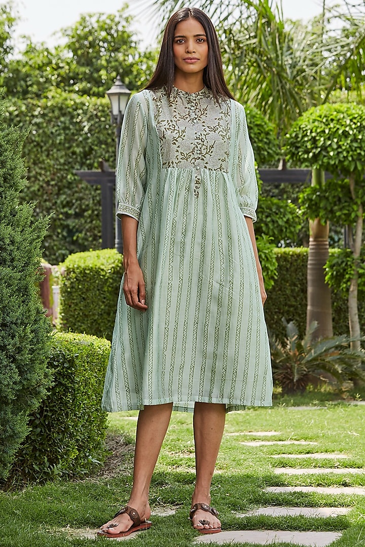 Olive Green Mercerised Chanderi Hand Block Printed Dress by PTRAANI