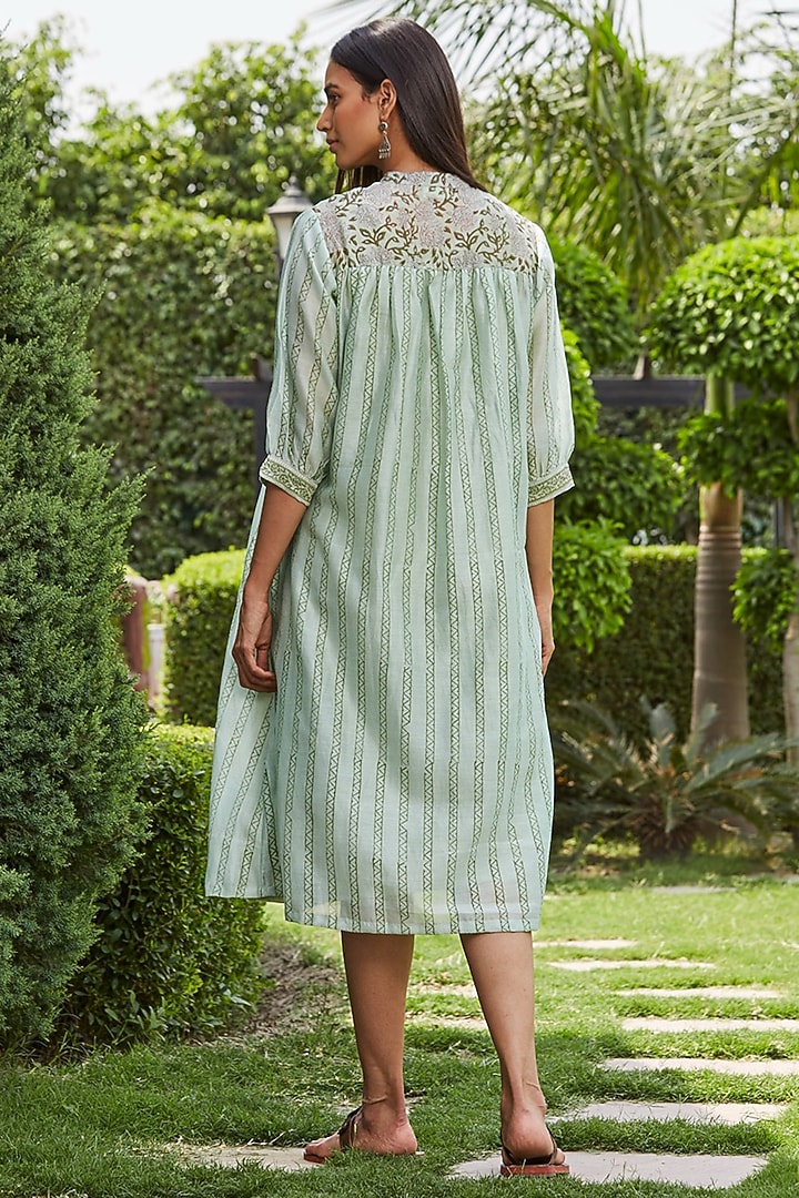 Olive Green Mercerised Chanderi Hand Block Printed Summer Dress by PTRAANI at Pernia's Pop Up Shop